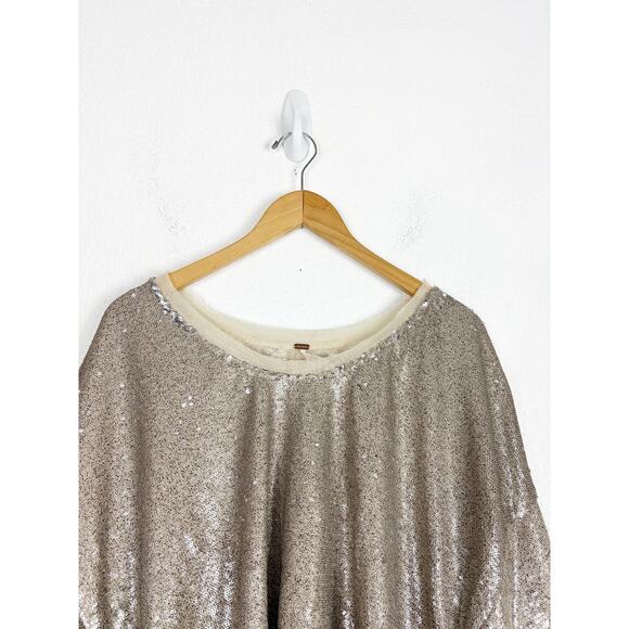 Free People Champagne Dreams Tee Small Neutral Gold Sequin Oversized Cropped - Picture 4 of 13